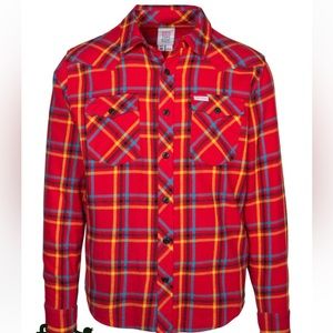 Topo Designs red plaid flannel button down, size medium.